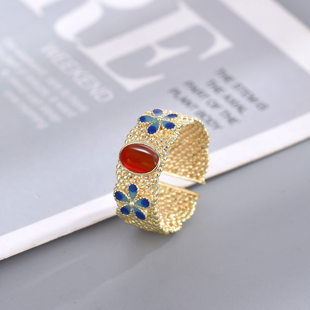 Adjustable Gold Plated Copper Ring With Silk Inlay In Burnt Blue Retro Lotus Orchid Design Open Ring For Women