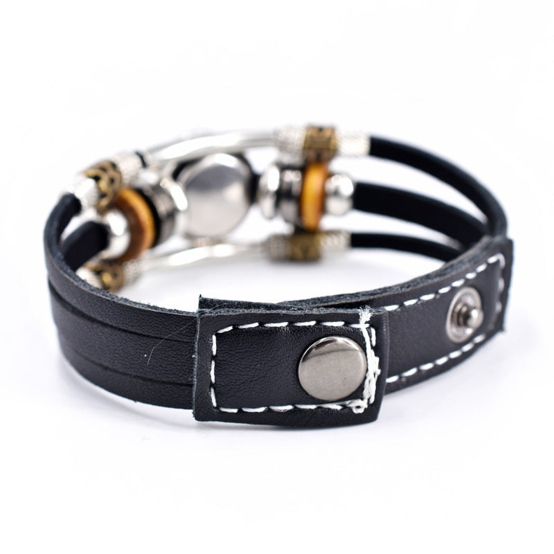 Woven Leather Bracelet With Three Layer Beads And Metal Accents Retro Ethnic Patterned Distressed Constellation