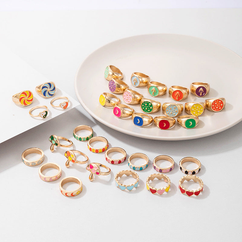 Bohemian Cartoon Ring Dripping Oil Alloy Heart Shaped Ring With Floral Daisy Or And Rainbow Elements For Women