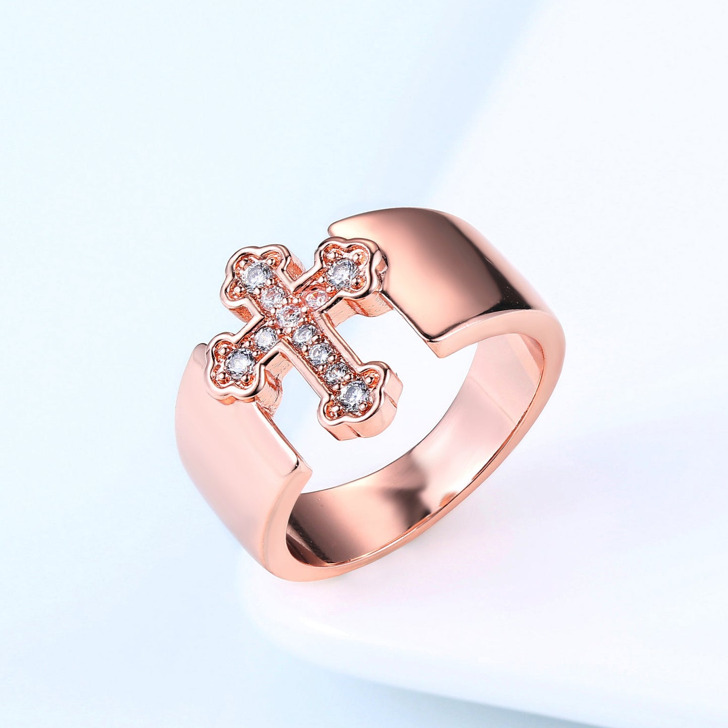 Womens Rose Gold Plated Copper Ring Inlaid Zircon Cross Design 1.5cm Wide Surface Ring For Women And Girls Now