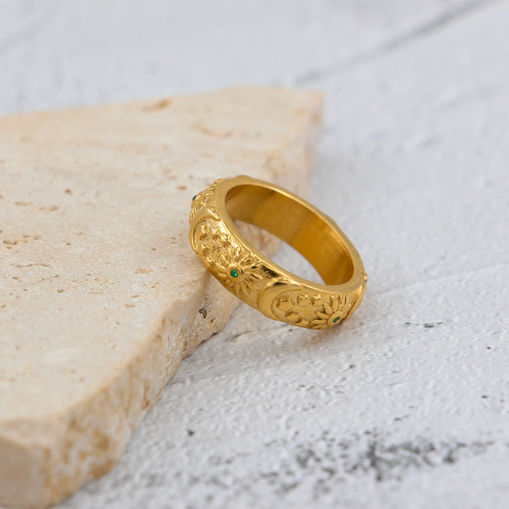 Womens Ring with Sun Moon and Stars Design Stainless Steel Ring with Zircon Stones Electroplated Geometric Ring for Women Niche Ring