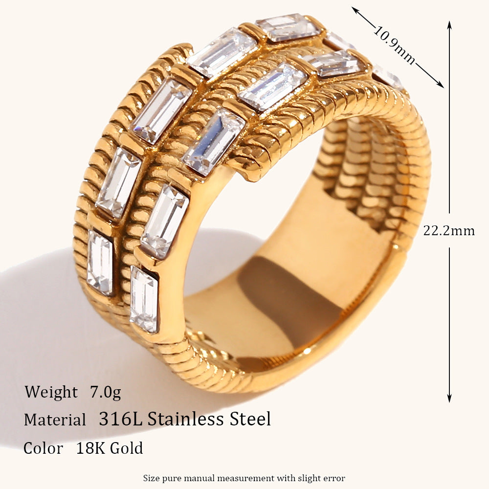 Womens Bamboo Ring Rectangular Zircon Snake Ring Stainless Steel Electroplated Geometric Accessory For Everyday