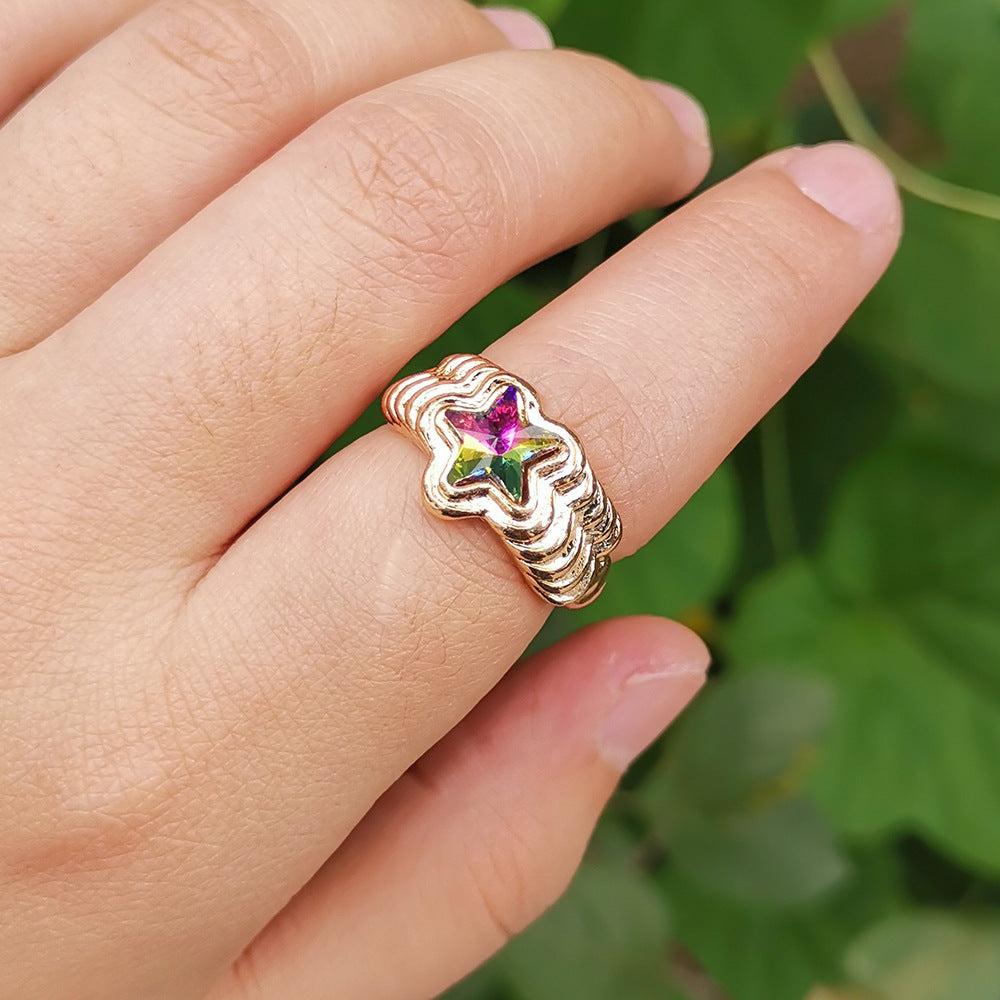 Womens Geometric Star Ring Alloy Metal Fashion Ring Retro Inlaid Star Design Electroplated Cold Wind Ring Ring
