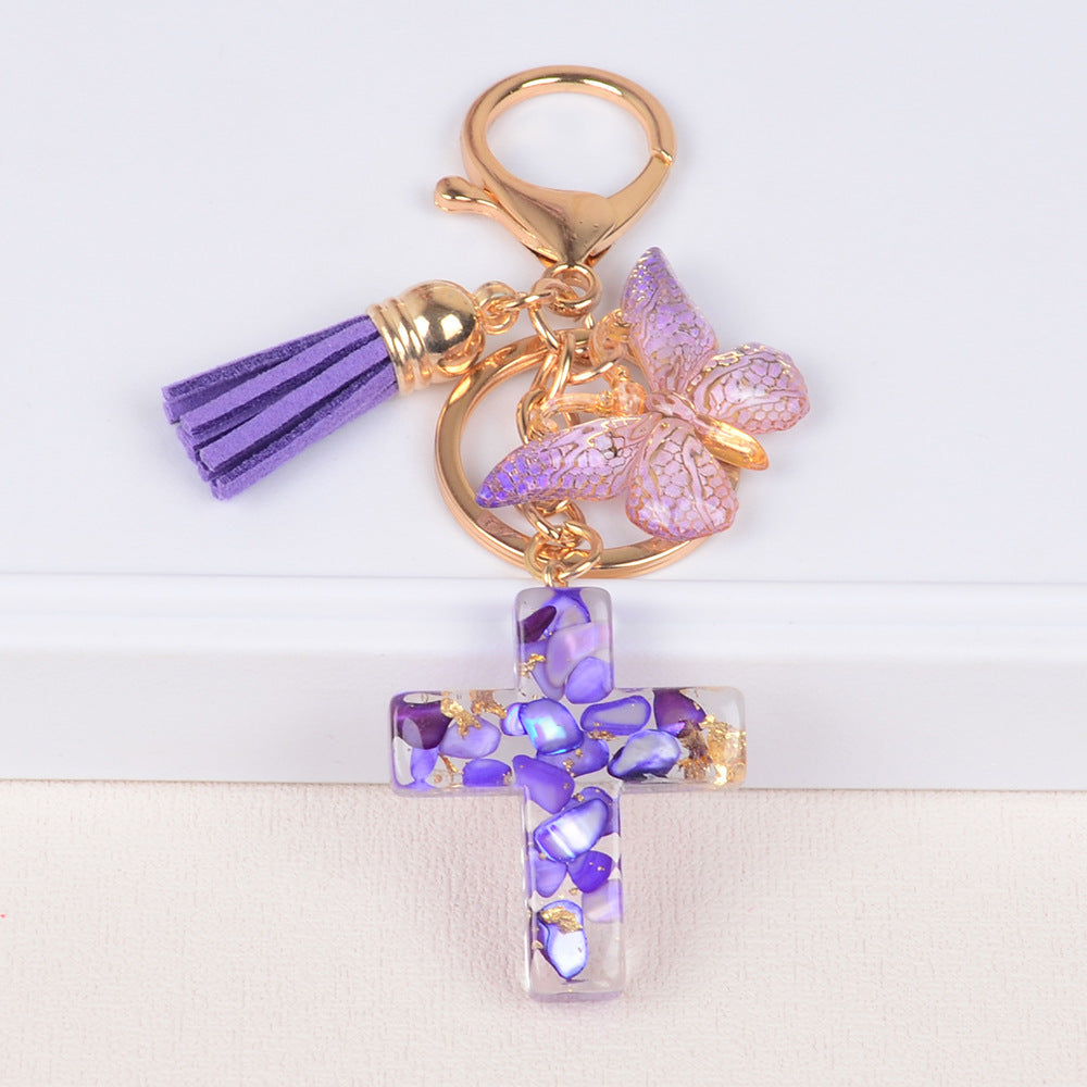 Alloy Keychain With Tassel Butterfly Stone And Epoxy Decoration Cross Crown Roman Numerals Patterns Pink Beige