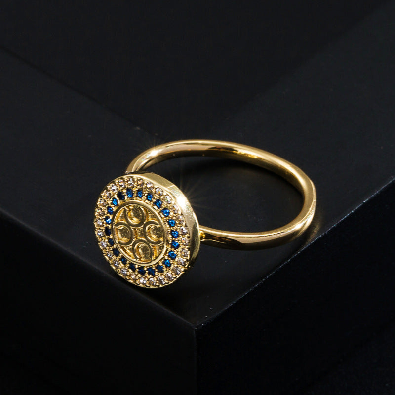 Rotatable Zircon Ring Gold Plated Copper Micro Inlaid Adjustable Open Elegant Style Jewelry For Everyday Wear