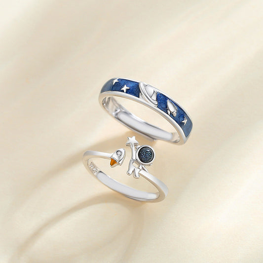 Adjustable Astronaut Couple Ring 925 Silver with Colored Glaze Stone Cartoon Jewelry Adjustable Opening Design