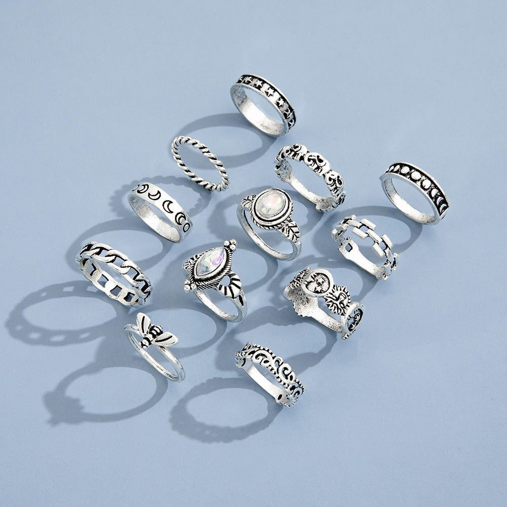 Womens Ring Set Twelve Piece Moon Embossed Lion Head Rings Alloy Metal Rings With Stars And Moon Design European Moon