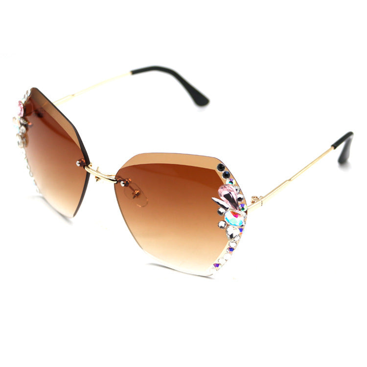 Womens Rhinestone Sunglasses Frameless Metal Frame PCLens Fashion Eyewear Exquisite Design Lightweight Glasses