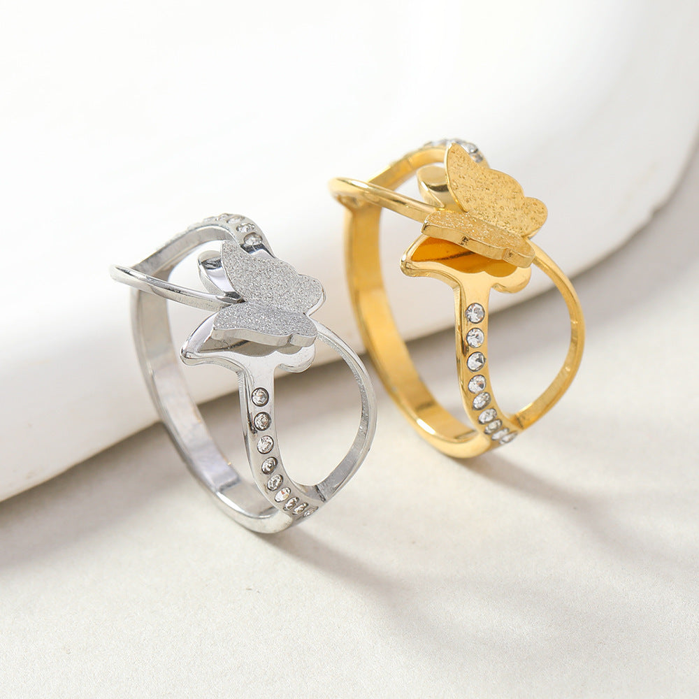 Womens Stainless Steel Double Layer Frosted Cross Ring Diamond Butterfly Geometric Design for Everyday Wear US