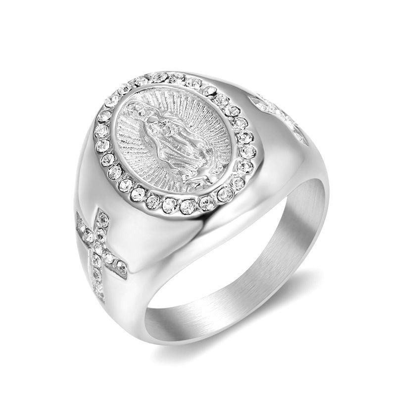 Mens Gold Plated Virgin Mary Ring Diamond Accent Titanium Steel Durable Religious Jewelry Fashion Accessory Gift