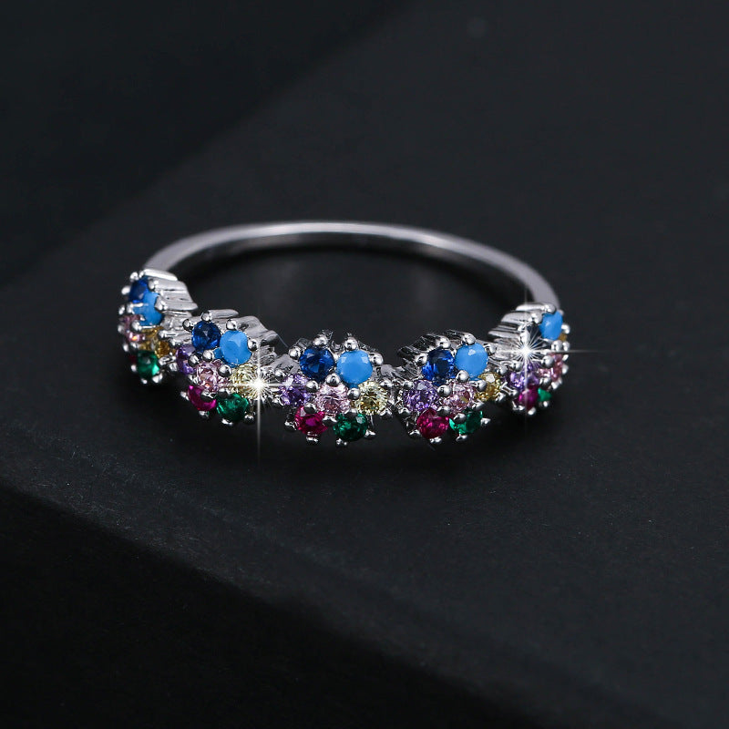 Colorful Zircon Flower Ring Gold Plated Copper Korean Style Elegant Gift For Women Jewelry Fashion Accessories