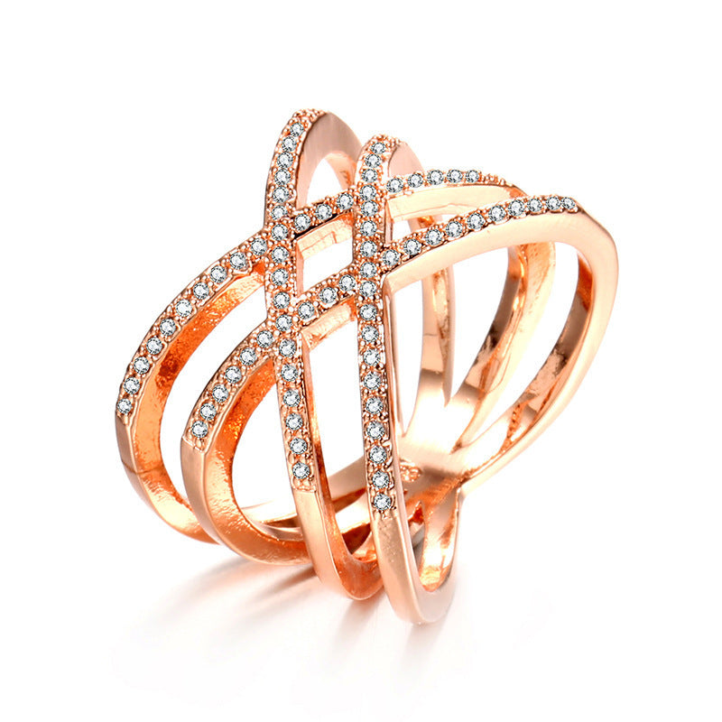 Zircon Inlaid Double Cross Ring Copper Gold Plated Womens Fashion Jewelry Elegant Statement Ring For Her Gleam