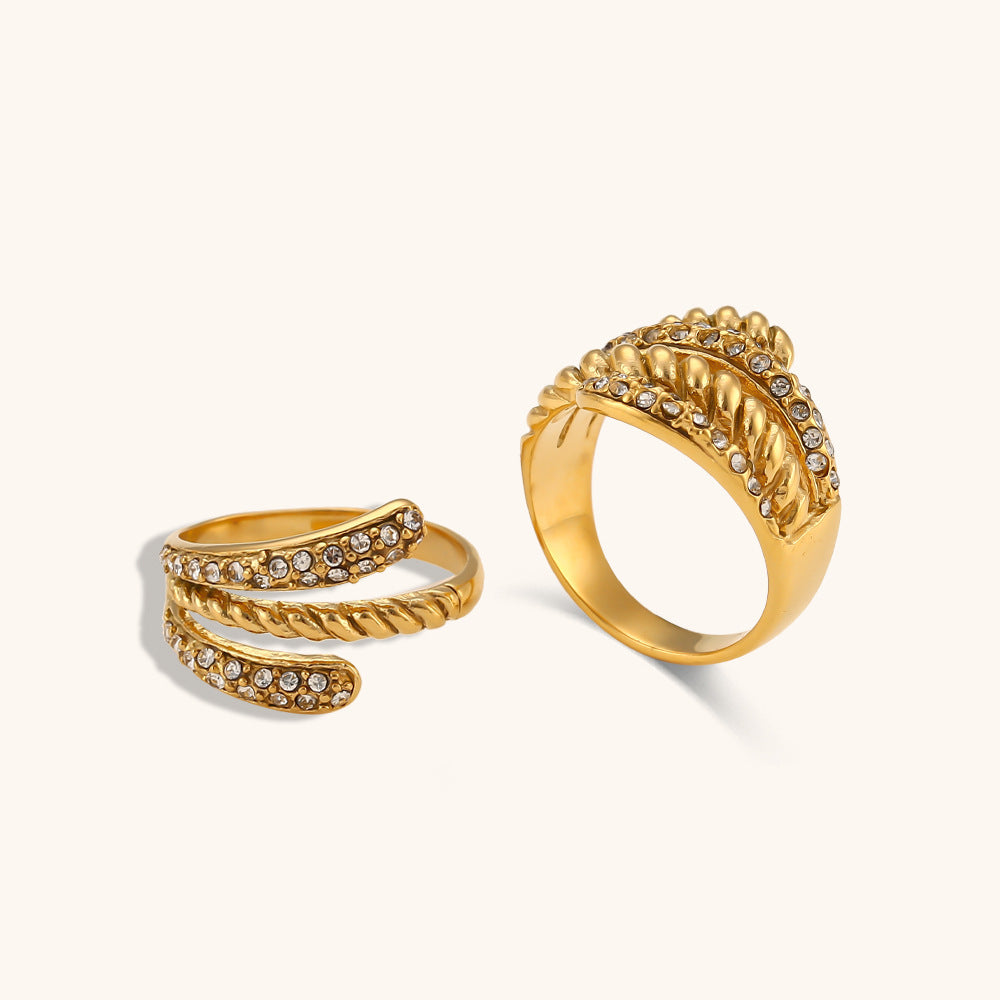 Womens Stainless Steel Ring With Diamond Feather Design Four Layer Statement Ring Waterproof Rust Proof Silver