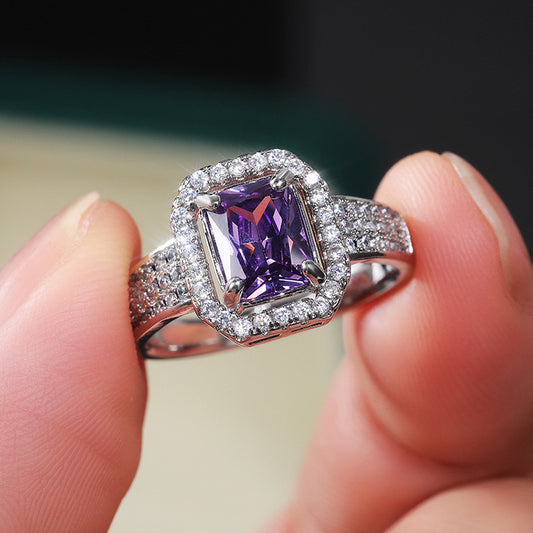 Zircon Ring Double Claw Encrusted Square Design Copper Fashion Jewelry High Quality Durable Versatile Statement Gift