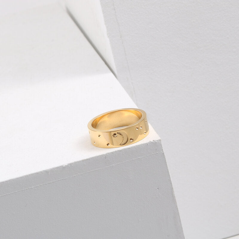 Bright Starry Sky Finely Engraved Titanium Steel Plated 18k Gold Ring