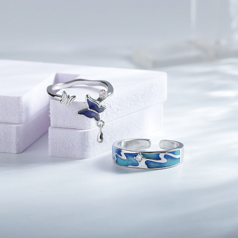 Adjustable Butterfly Couple Rings For Women And Men Epoxy Copper Jewelry With White Gold Gemstone For Fashion Lovers