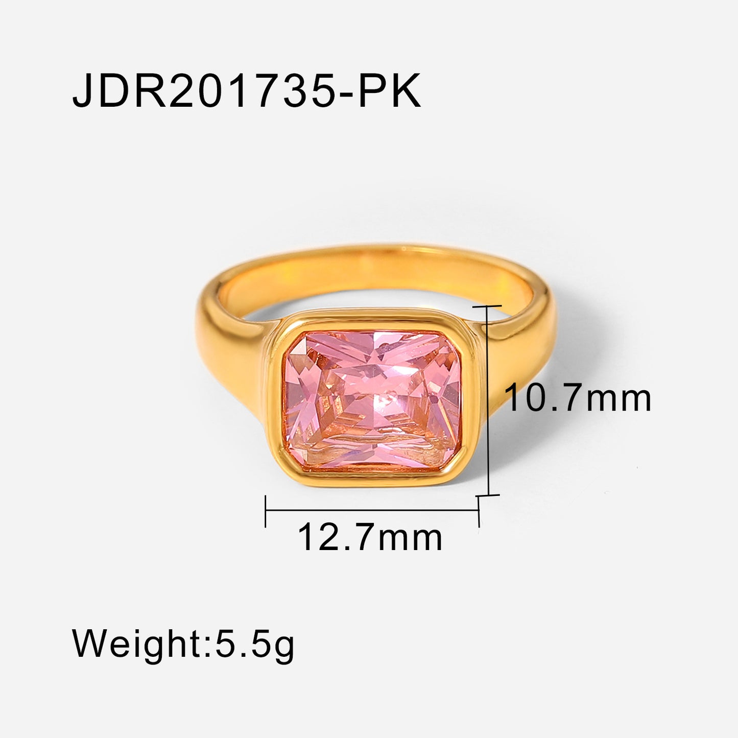 18K Gold Plated Stainless Steel Ring Square Zircon Fashion Jewelry Glossy Finish Ring Souvenir Tour Gift Elegant