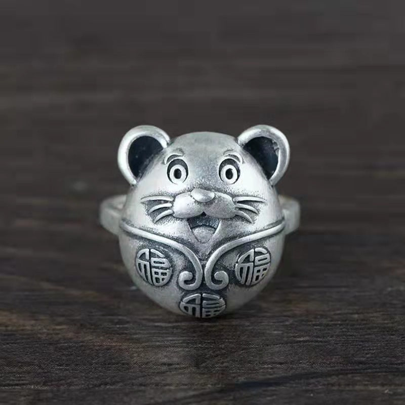 Womens Silver Plated Smiling Face Mouse Ring Retro Distressed Copper Adjustable Fashion Accessory For Women Ideal Gift