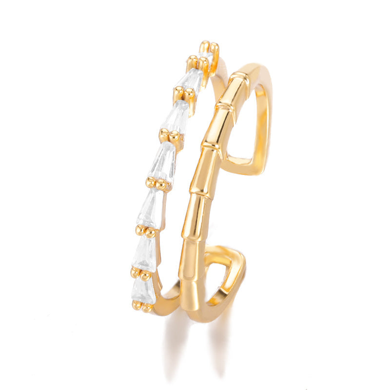 Zircon Double Layer Copper Ring With Golden Bamboo Inlay For Elegant Wedding Jewelry Fashion Accessory For Women