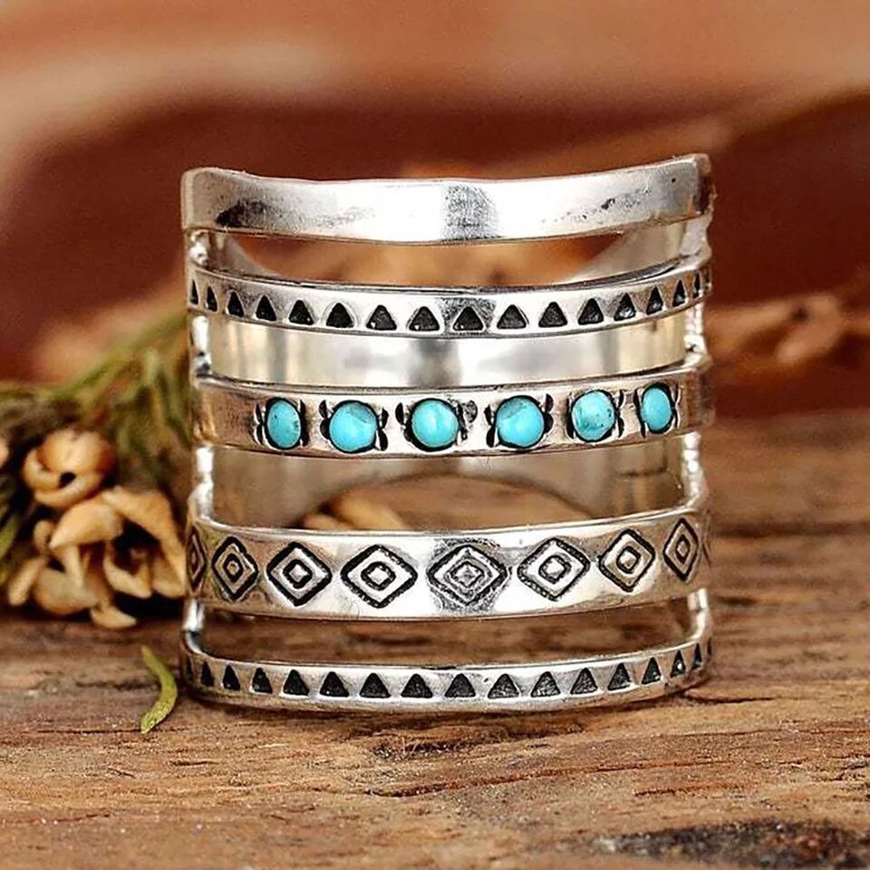 Womens Vintage Turquoise Ring Antique Silver Electroplated Alloy Fashion Ring Hollowed Statement Jewelry Ring