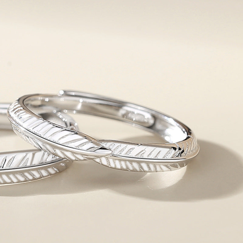 Adjustable Feather Leaf Couple Ring TwoTone White Gold Promise Ring for Men and Women Anniversary Gift Set Now