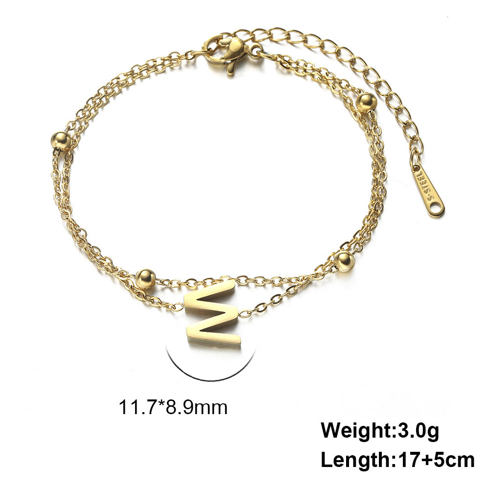 Womens Stainless Steel Double Layer Chain Bracelet With Initial Pendant Electroplated Finish Jewelry Gift Gold