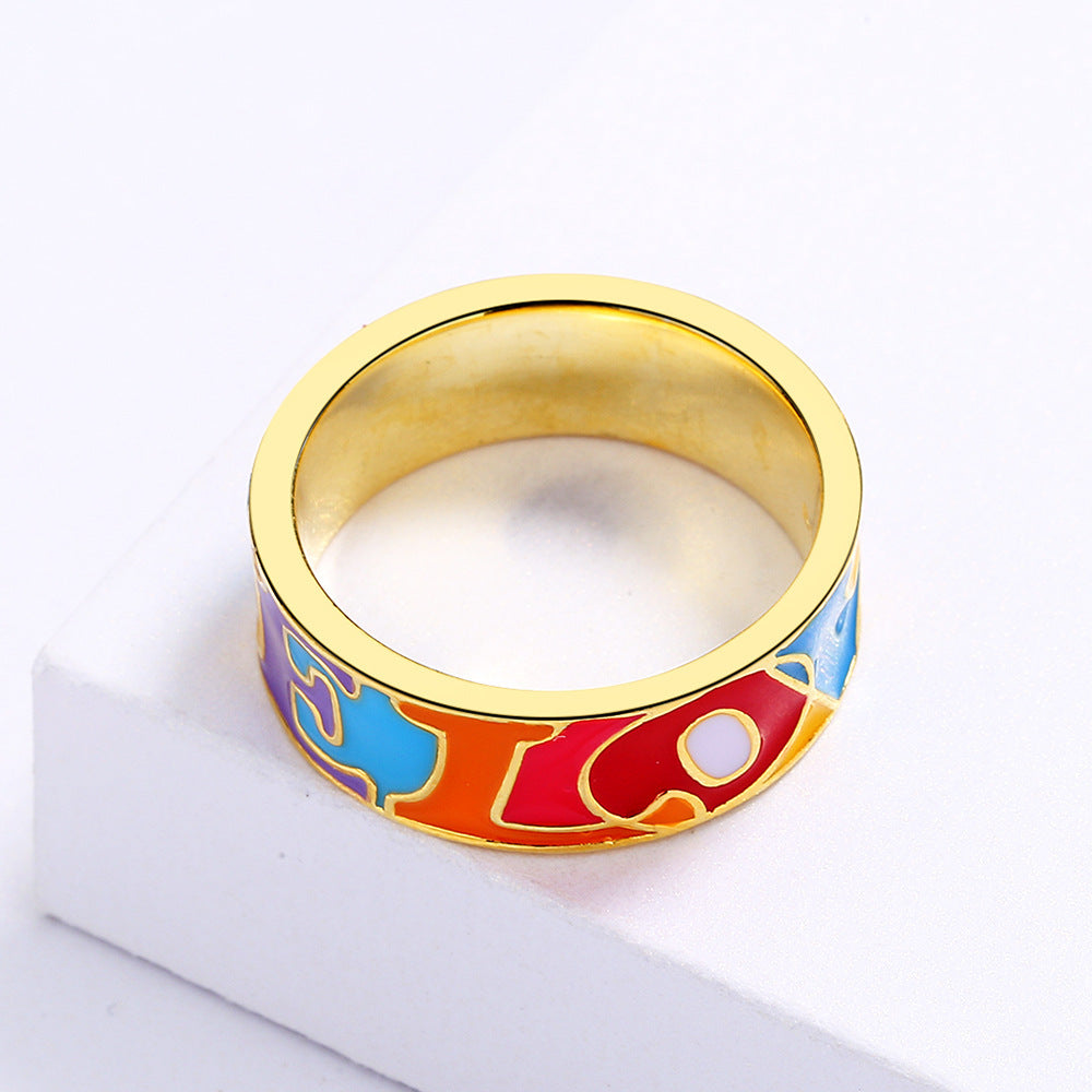 Gold Plated Brass Ring With Epoxy Colored Letters Geometric Design Durable Fashion Jewelry Accessory In Sizes 6 7 8 9 10 Everyday Wear