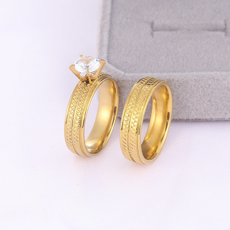 His And His Matching Rings Stainless Steel Couple Rings Diamond Argyle Pattern Gold Electroplated Matching Set