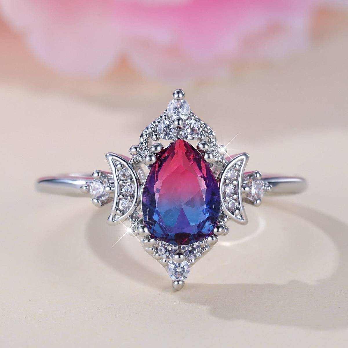 Copper Crown Ring Women Water Drop Tourmaline Style Fashionable Personality Statement Jewelry Silver Rose Blue