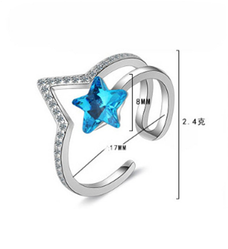 Blue Crystal Star Ring Copper Band All Match Korean Inspired Japanese Style Trendy Elegant Jewelry Accessory