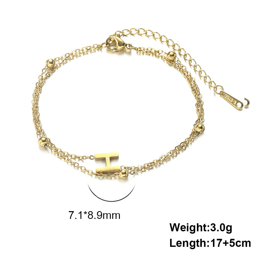 Womens Stainless Steel Double Layer Chain Bracelet With Initial Pendant Electroplated Finish Jewelry Gift Gold