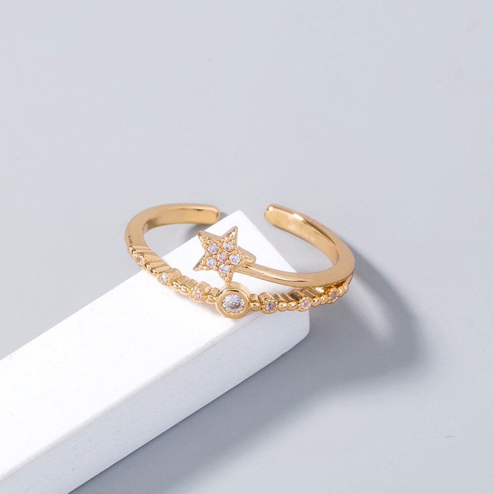 Womens Gold Pentagram Ring Copper Europe Inlaid Adjustable