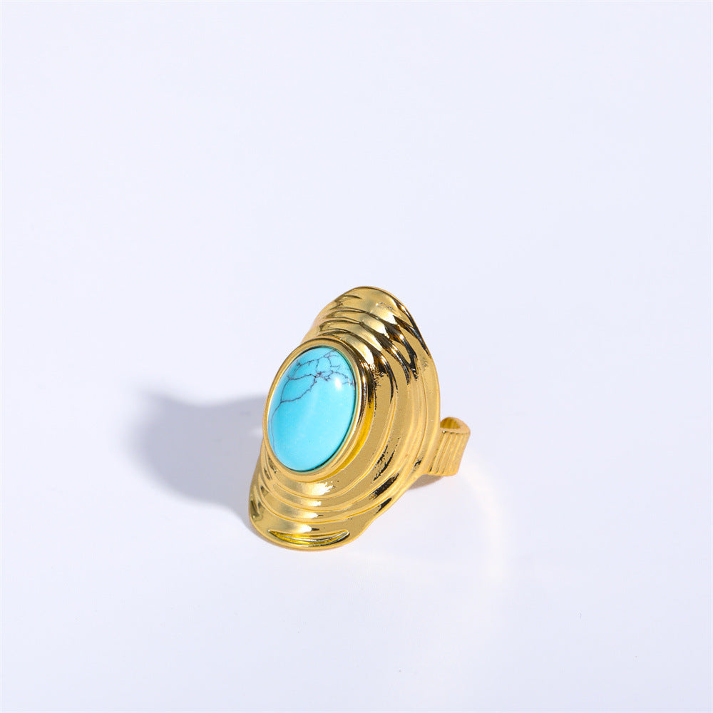Vintage Bohemian Style Adjustable Natural Stone Ring Copper Fashion Jewelry White Blue Red Tianhe Stone Trendy