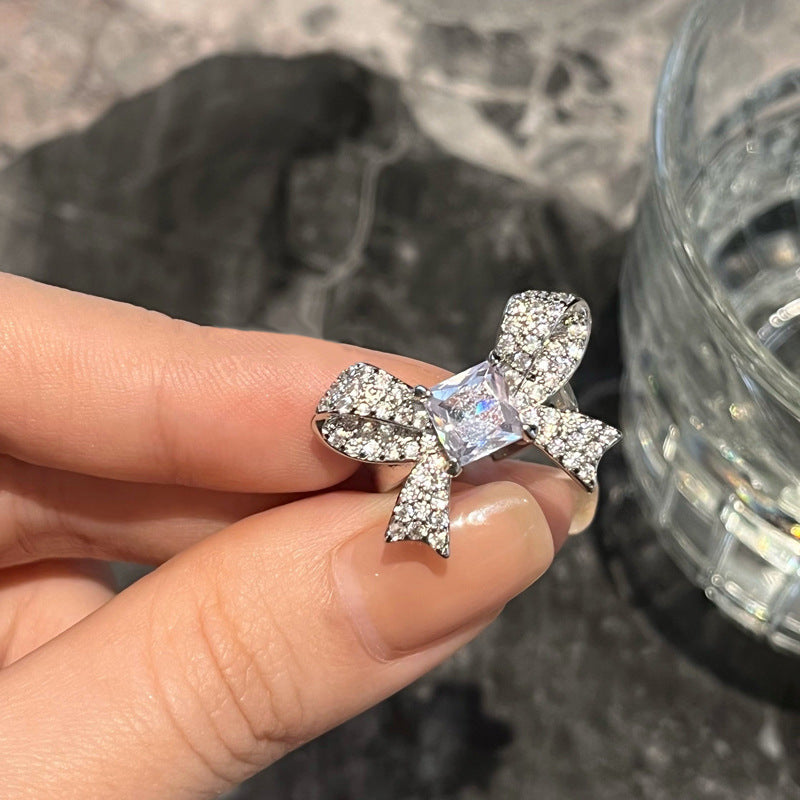 Bowknot Ring With Rhinestones Cube Sugar Copper Adjustable