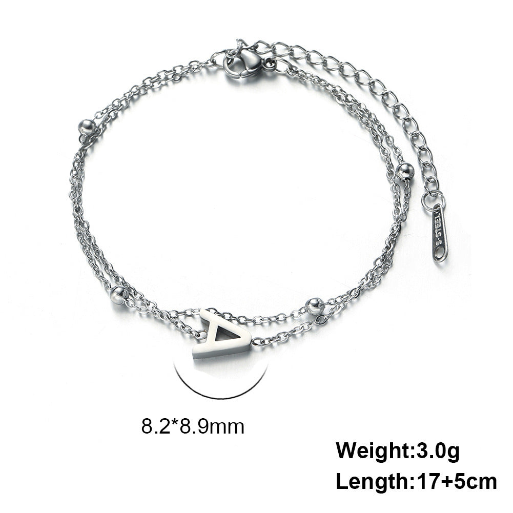 Womens Stainless Steel Double Layer Chain Bracelet With Initial Pendant Electroplated Finish Jewelry Gift Gold