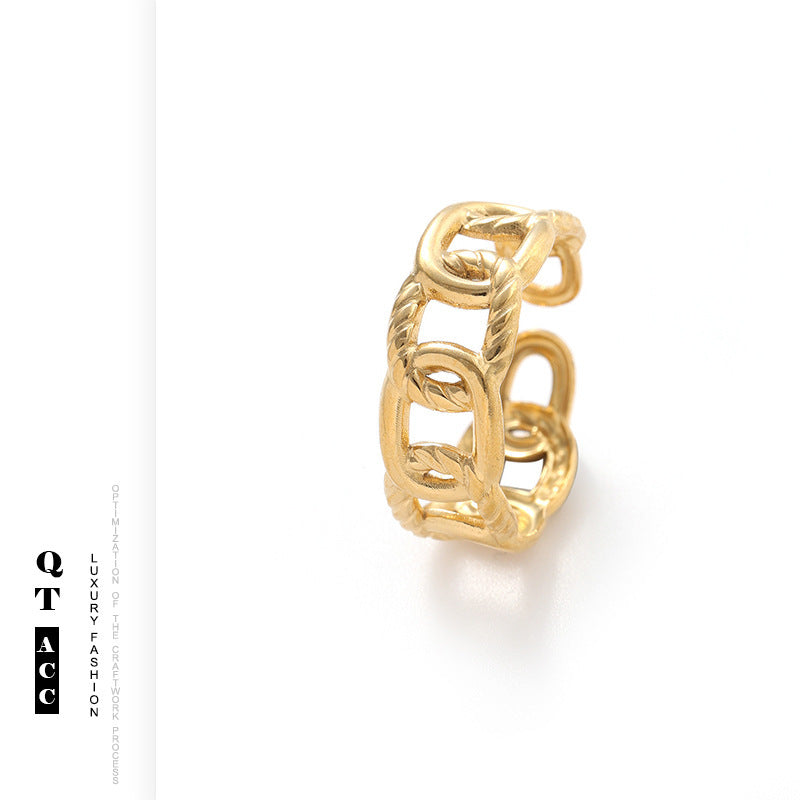 Female Titanium Steel Gemstone Ring with 18K Gold Electroplated Geometric Round European Retro Americans Design