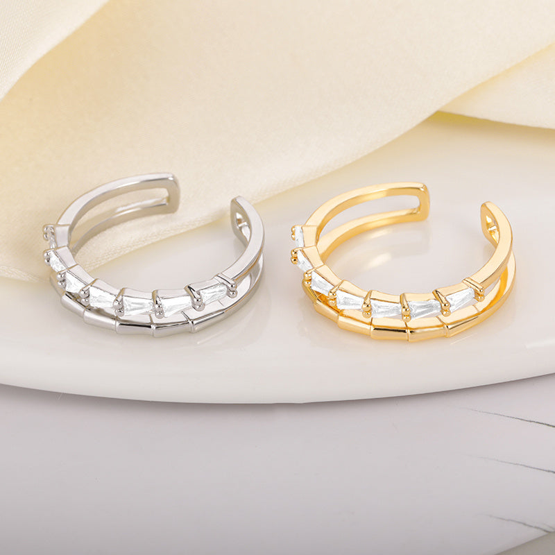 Zircon Double Layer Copper Ring With Golden Bamboo Inlay For Elegant Wedding Jewelry Fashion Accessory For Women