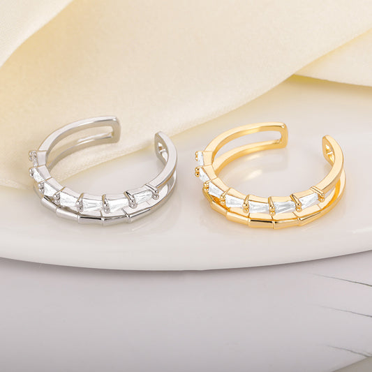 Zircon Double Layer Copper Ring With Golden Bamboo Inlay For Elegant Wedding Jewelry Fashion Accessory For Women