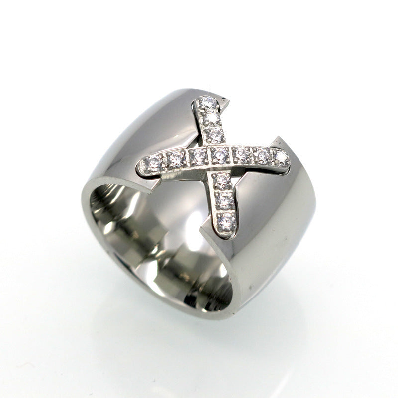 Womens Titanium Steel Ring X Shaped Cross With Diamond And Zircon Europe America CNC Ring Loose Gem Stone Ring