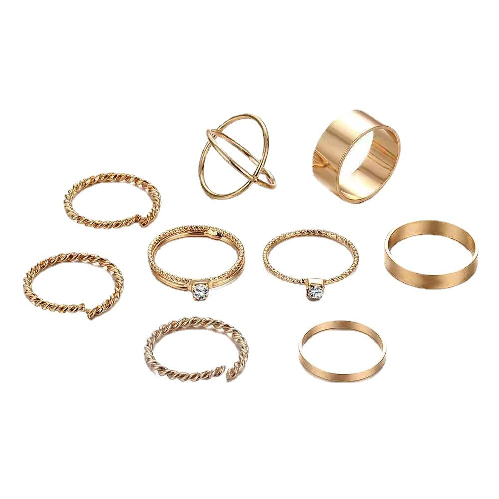 Woven Ring Set 9 Piece Geometric Alloy Rings With Gem Inlay Gold Silver Finish Jewelry Gift For Daily Look Now