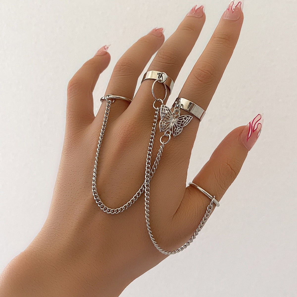 Adjustable Alloy Geometric Chain Bracelet Ring For Women Hand Jewelry Punk Style Electroplated Metal Retro Charm Design