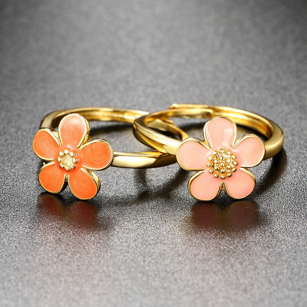 Copper Flower Ring with Dripping Oil Finish Adjustable Band for Daily Wear Fashion Jewelry Gift for Women Everyday