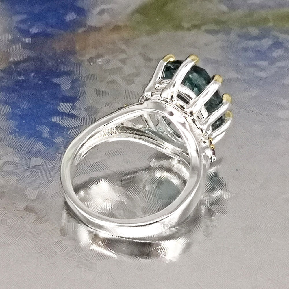 Womens Two Tone Crown Ring Gold Plated With Zircon Inlay Blue Crown Design Jewelry Sparkling Gift Idea Everyday Wear