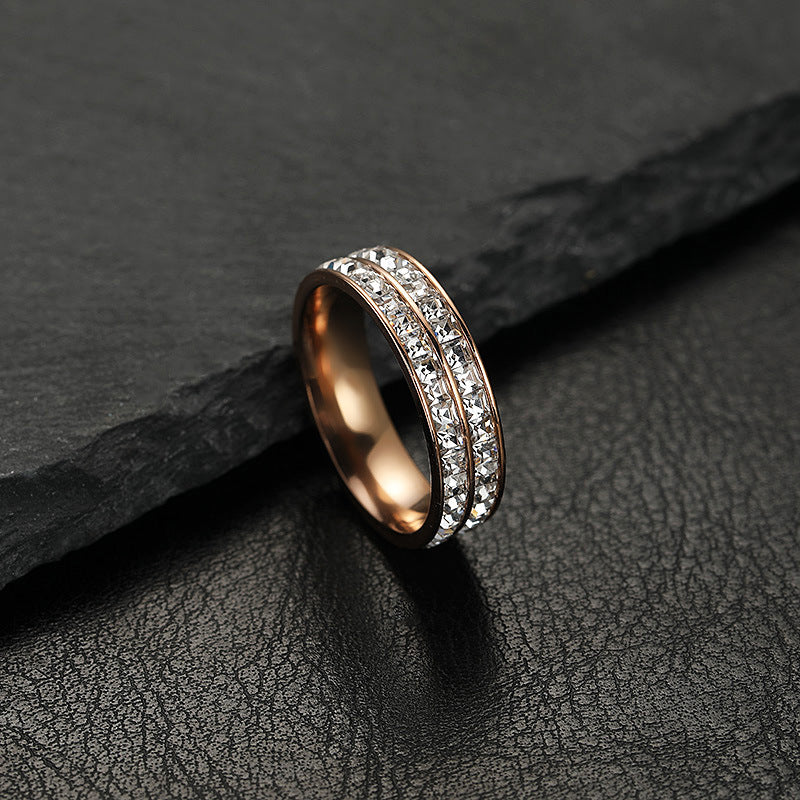 Womens Titanium Steel Ring With Zircon Electroplated Geometric Design Fashion Jewelry Single Row Or Double Row