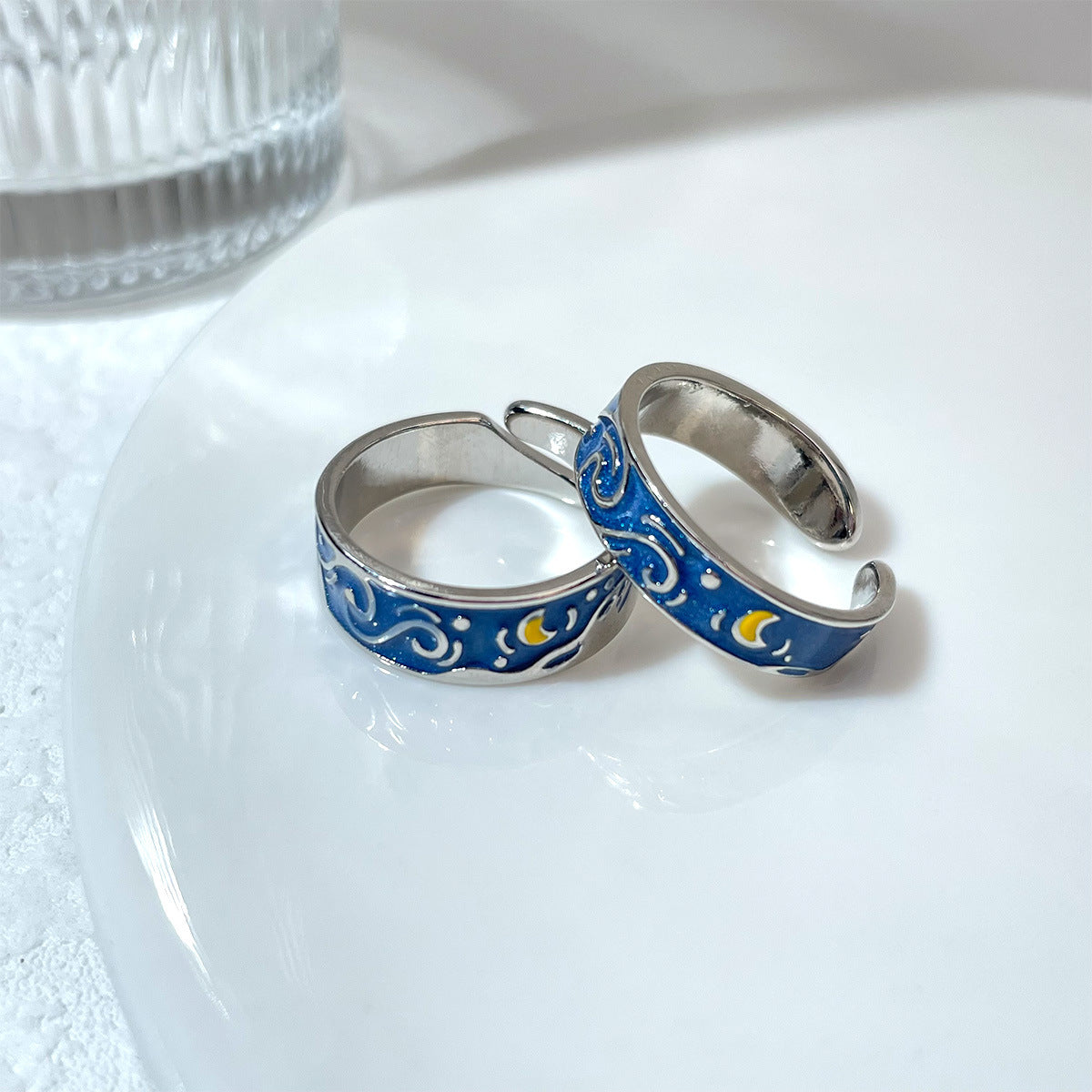 Adjustable Alloy Couple Ring Set With Blue Dripping Oil Finish Starry Sky Matching Rings For Him And Her Gifts