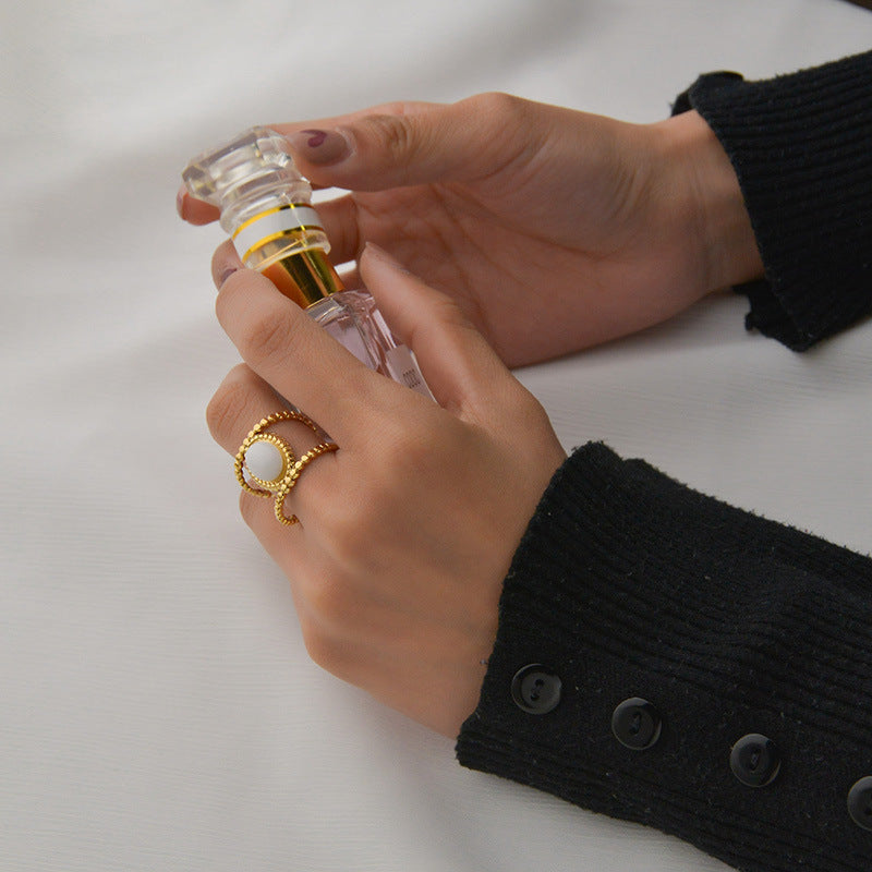 Womens White Jade Ring Geometric Design Stainless Steel Gold Tone Statement Jewelry Fashion Accessory Durable Elegant