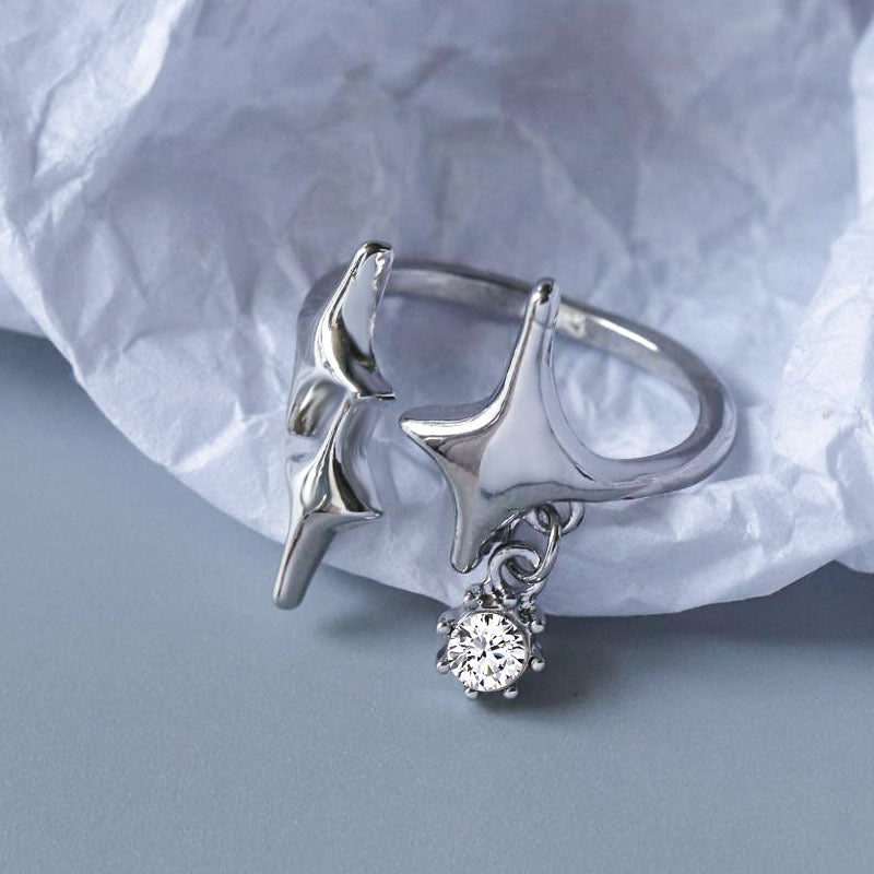 Adjustable Four Pointed Star Geometric Alloy Ring With Artificial Gemstones For Women Elegant Jewelry For Women