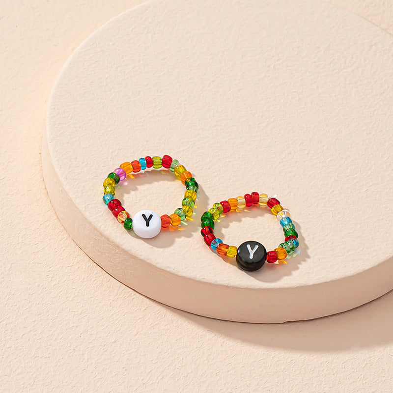 Beaded Letter Initial Ring For Ladies And Men Resin Alphabet Trendy Korean Geometric Ethnic Retro Jewelry Gift