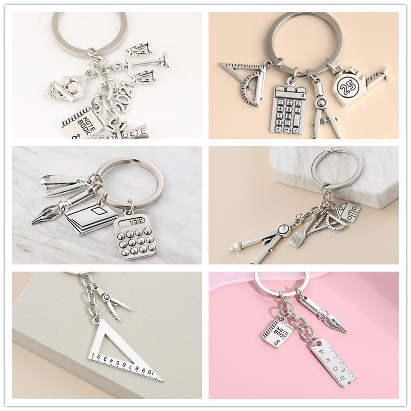 Multifunctional Keychain Tool With Compass Triangle Ruler Calculator Tape Measure Alloy Key Ring Accessories A