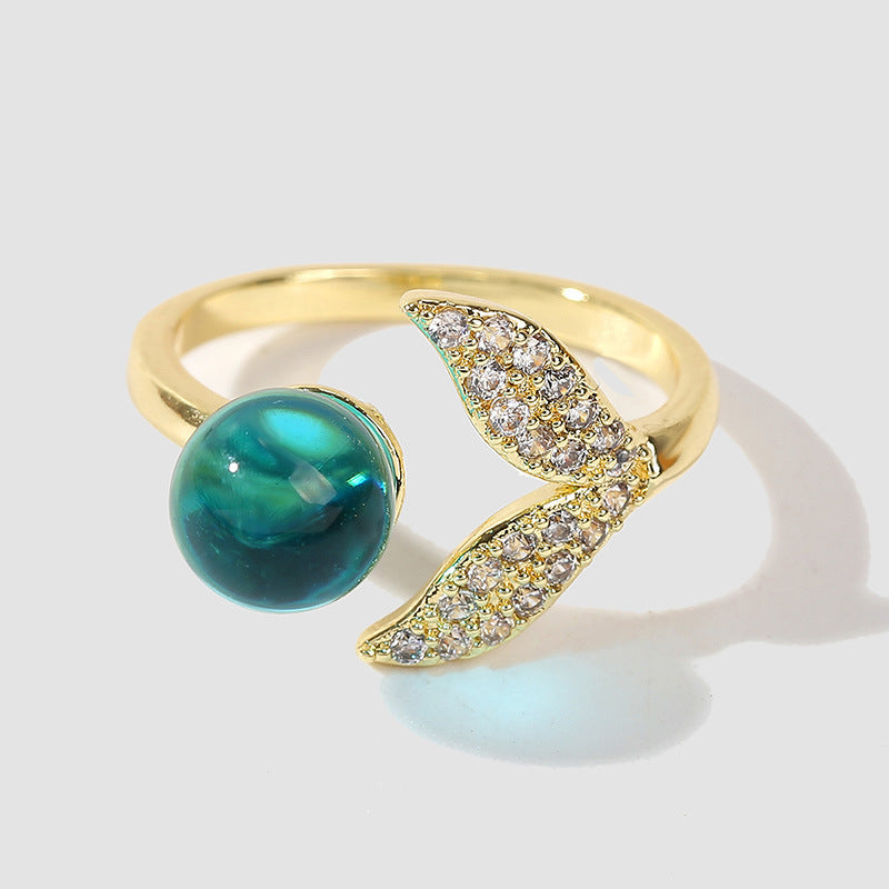 Adjustable Mermaid Tail Ring With Ocean Beads Inlay Copper Gold Alloy Semi Precious Stone Jewelry For Everyday